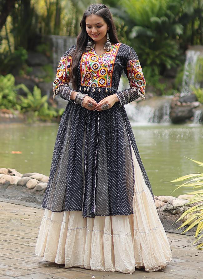 Kora Cotton Black Navratri Wear Leheriya Print Readymade Kurti With Lehenga